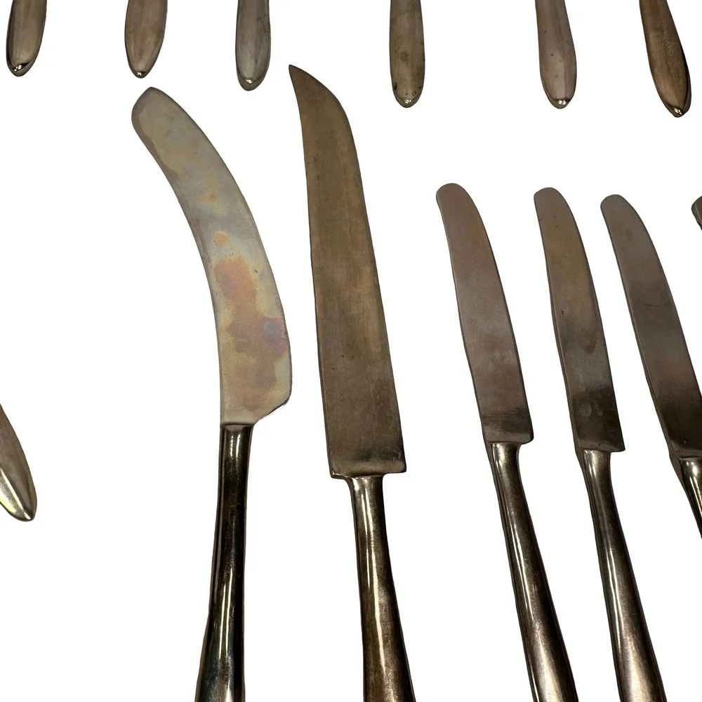 Vintage‎ Unsigned Mid Century Modern Gold Tapered Flatware Set 23 MCM Brutalist